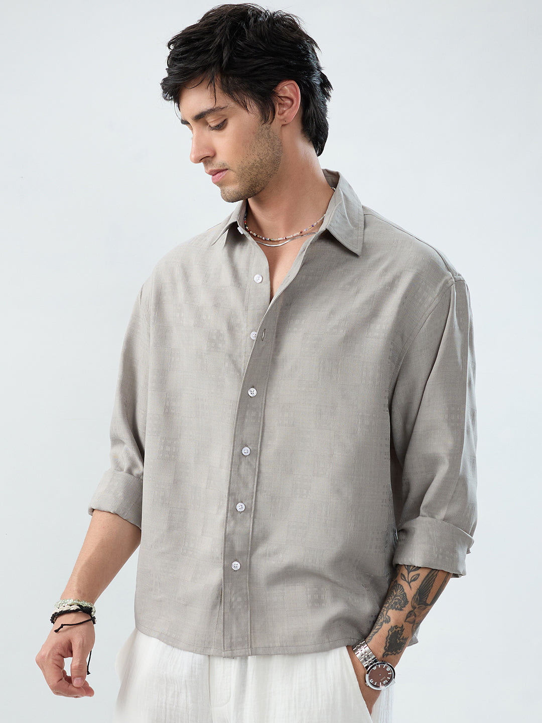 Grey Soft Grid Textured Boxy Fit Crop Shirt