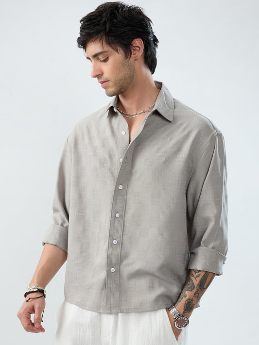 Grey Soft Grid Textured Boxy Fit Crop Shirt