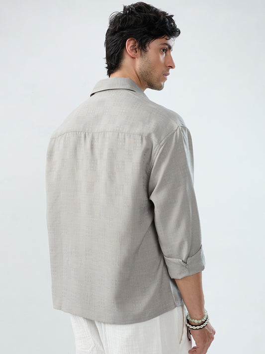 Grey Soft Grid Textured Boxy Fit Crop Shirt