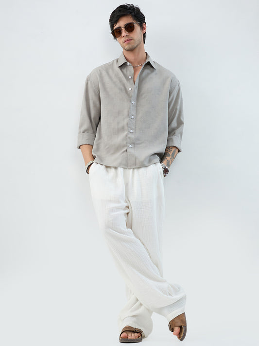 Grey Soft Grid Textured Boxy Fit Crop Shirt