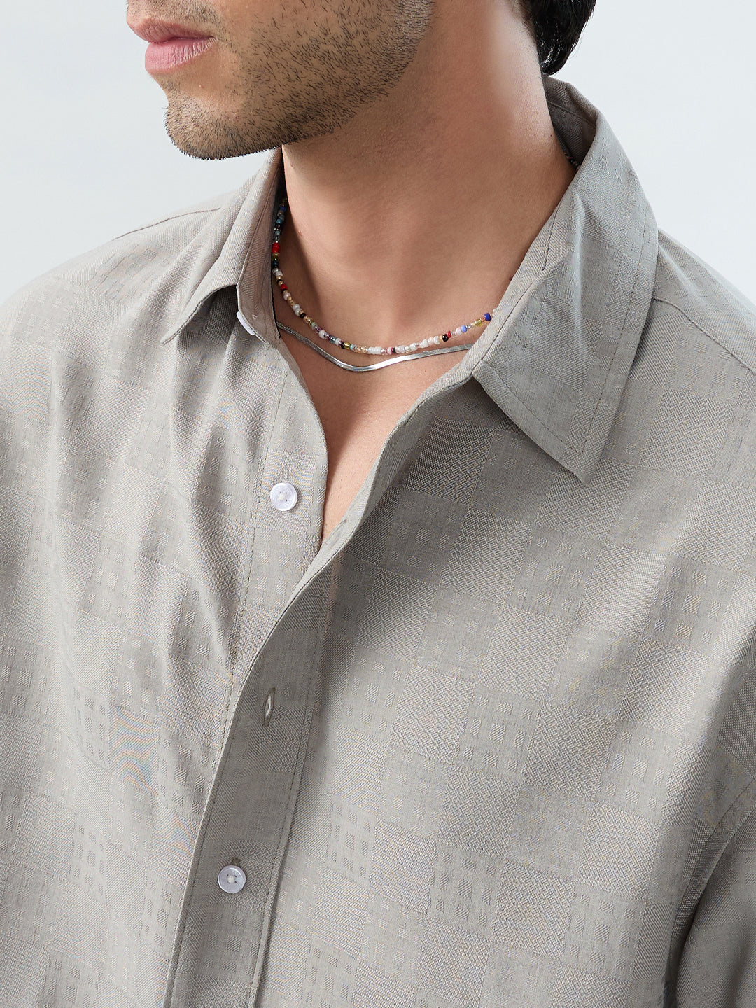 Grey Soft Grid Textured Boxy Fit Crop Shirt