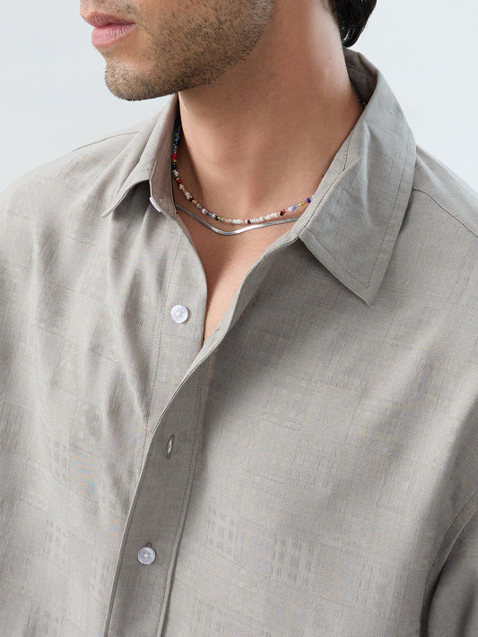 Grey Soft Grid Textured Boxy Fit Crop Shirt