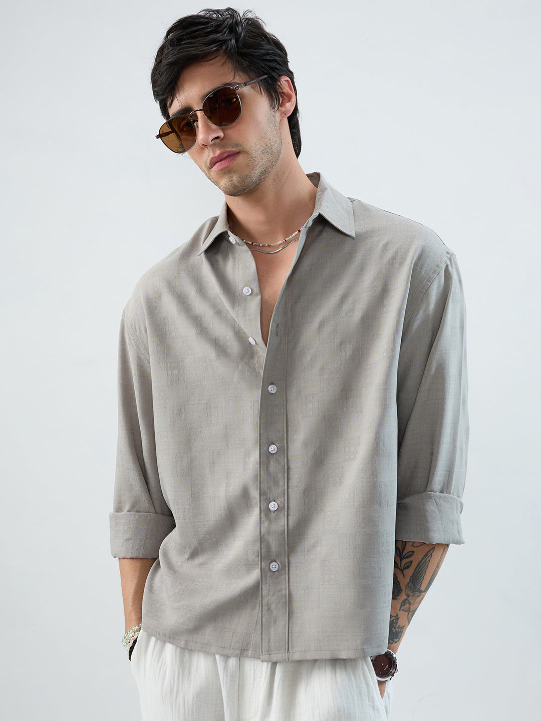 Grey Soft Grid Textured Boxy Fit Crop Shirt