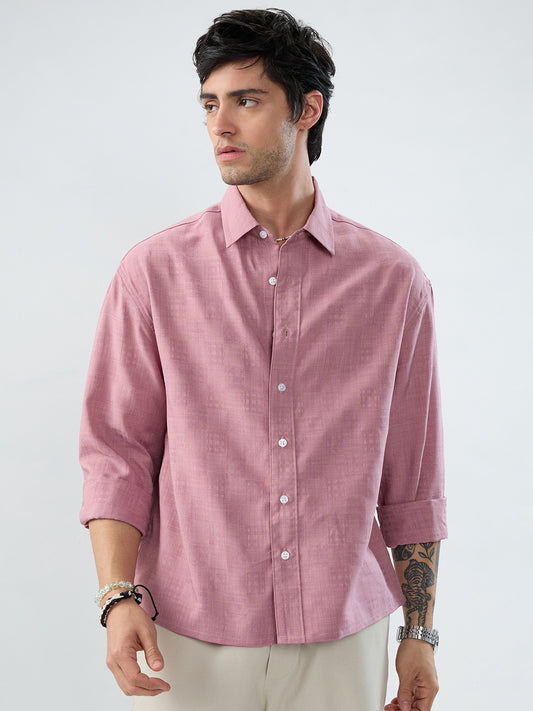 Mauve Pink Soft Grid Textured Boxy Fit Oversized Crop Shirt