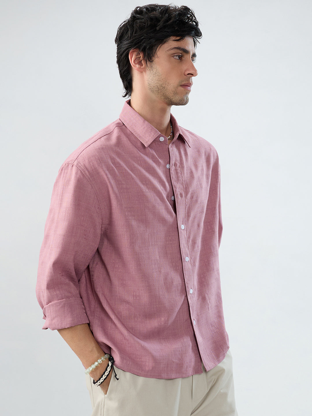 Mauve Pink Soft Grid Textured Boxy Fit Oversized Crop Shirt