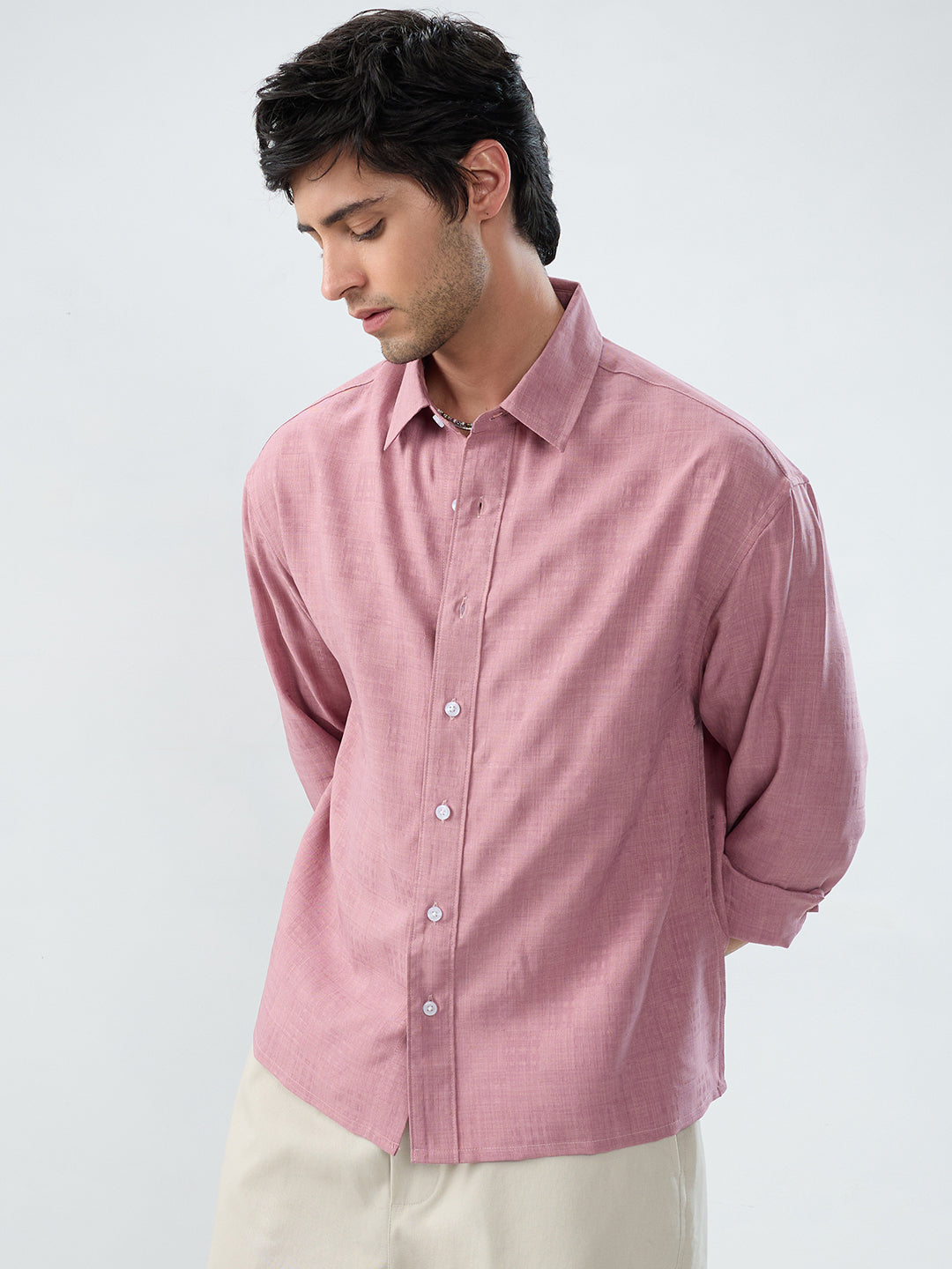 Mauve Pink Soft Grid Textured Boxy Fit Oversized Crop Shirt