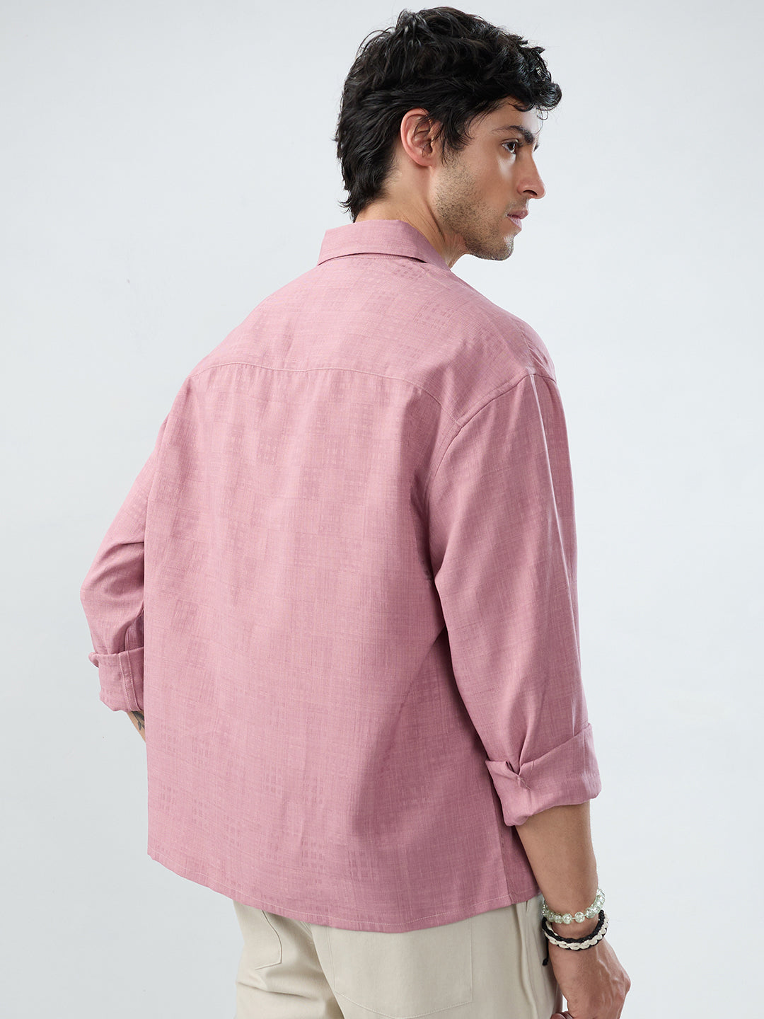 Mauve Pink Soft Grid Textured Boxy Fit Oversized Crop Shirt