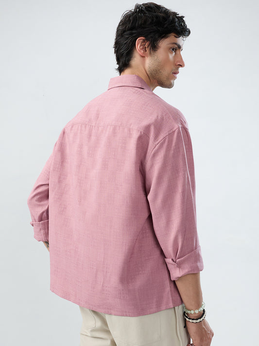 Mauve Pink Soft Grid Textured Boxy Fit Oversized Crop Shirt