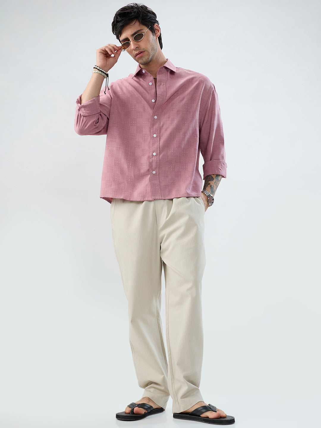 Mauve Pink Soft Grid Textured Boxy Fit Oversized Crop Shirt