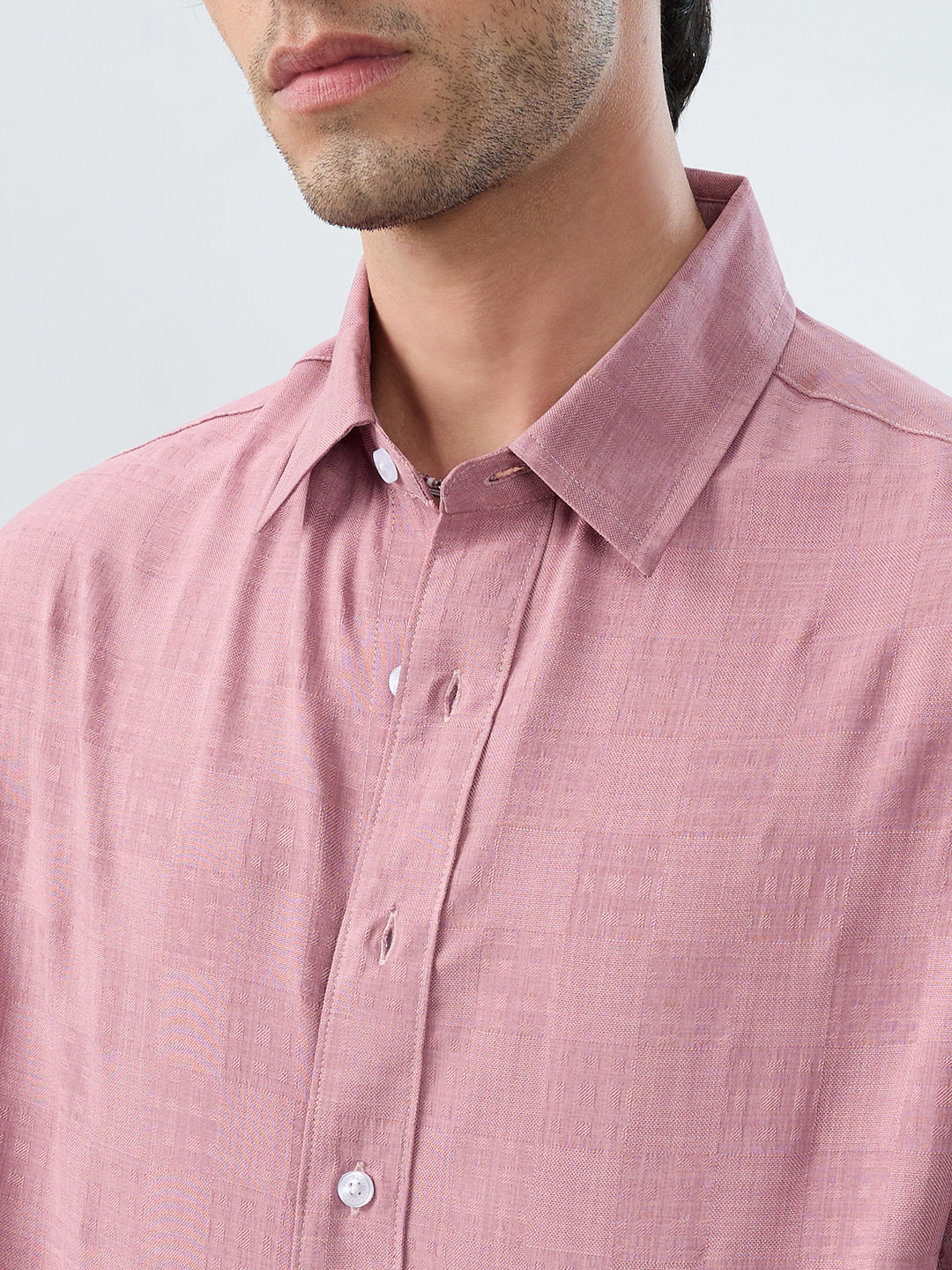 Mauve Pink Soft Grid Textured Boxy Fit Oversized Crop Shirt