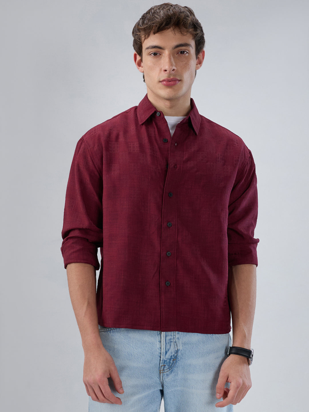 Crimson Maroon Soft Grid Textured Boxy Fit Crop Shirt