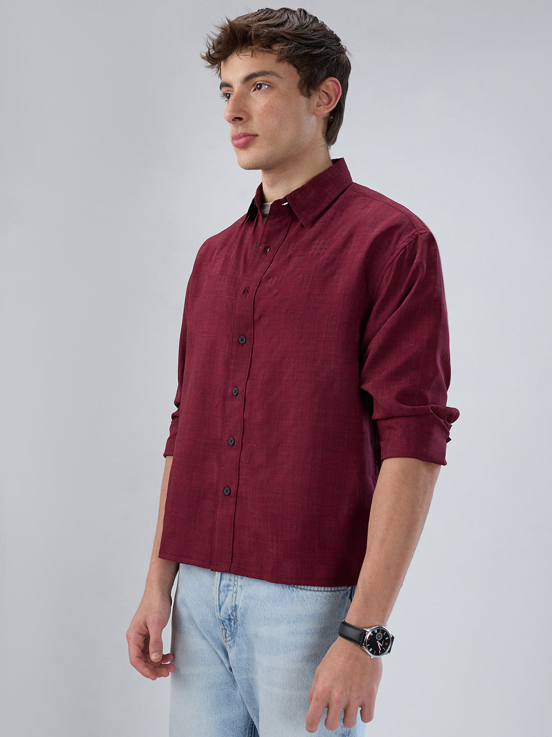 Crimson Maroon Soft Grid Textured Boxy Fit Crop Shirt