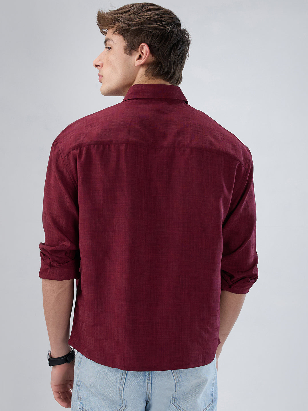 Crimson Maroon Soft Grid Textured Boxy Fit Crop Shirt