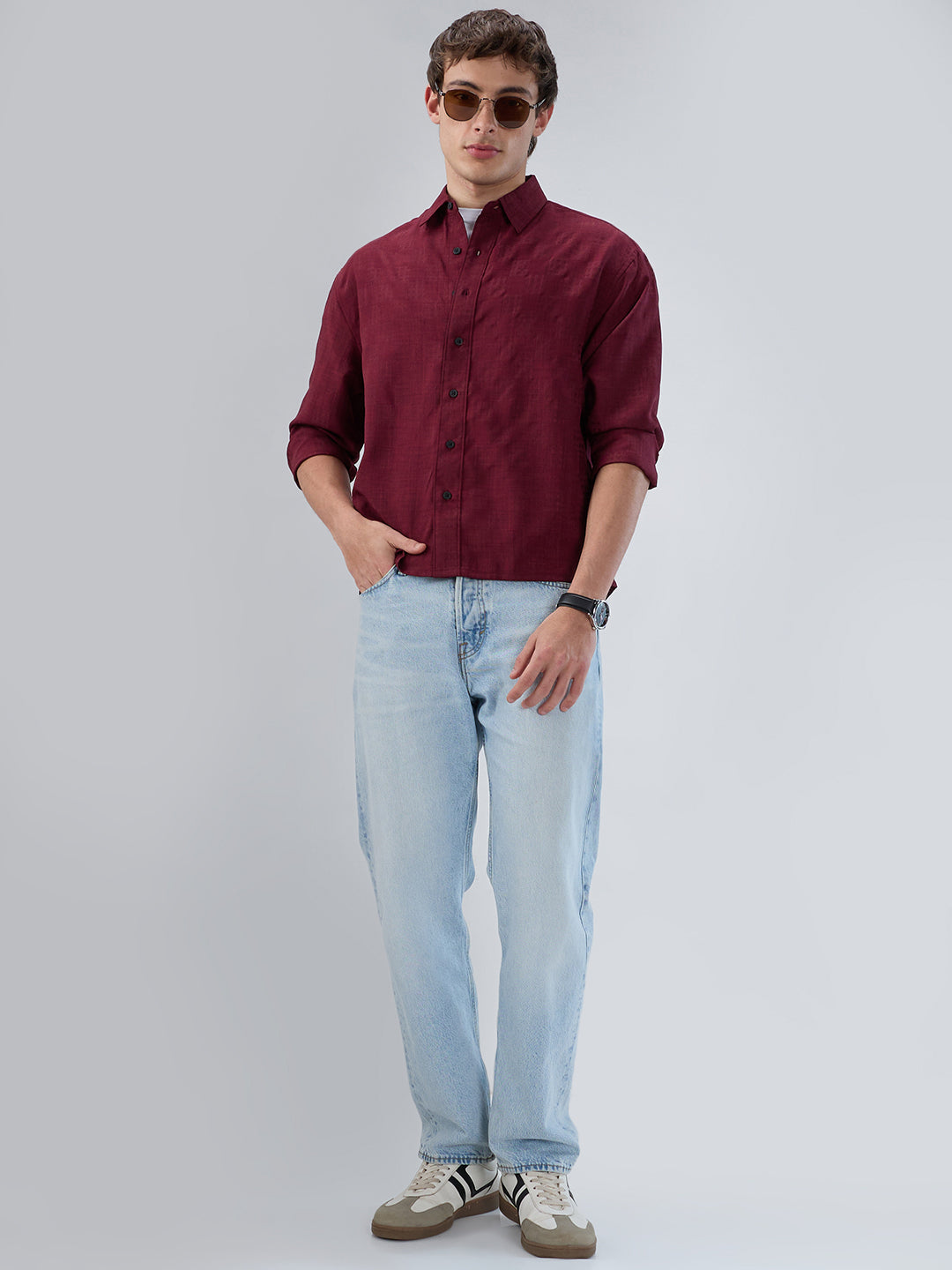 Crimson Maroon Soft Grid Textured Boxy Fit Crop Shirt