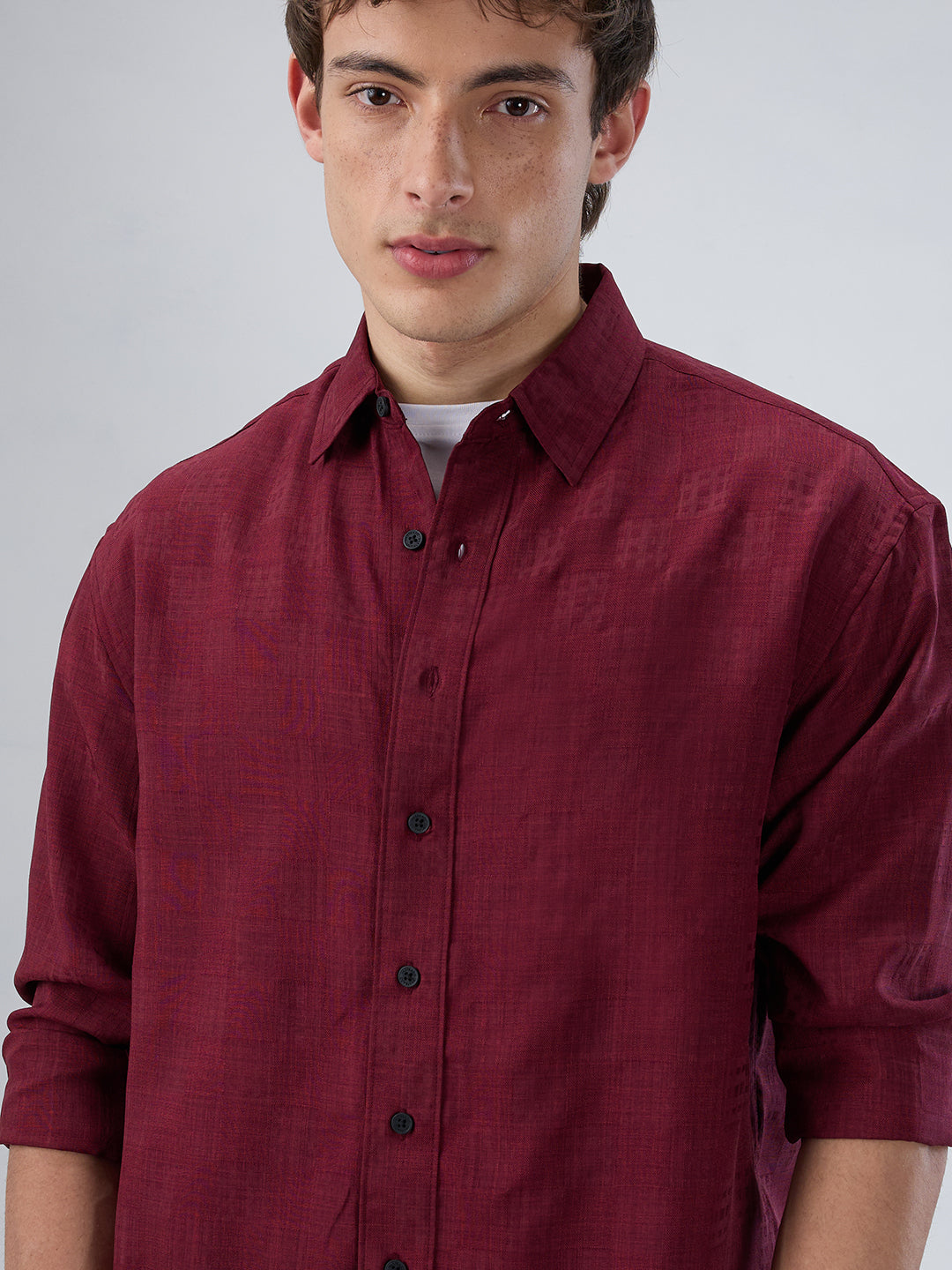 Crimson Maroon Soft Grid Textured Boxy Fit Crop Shirt