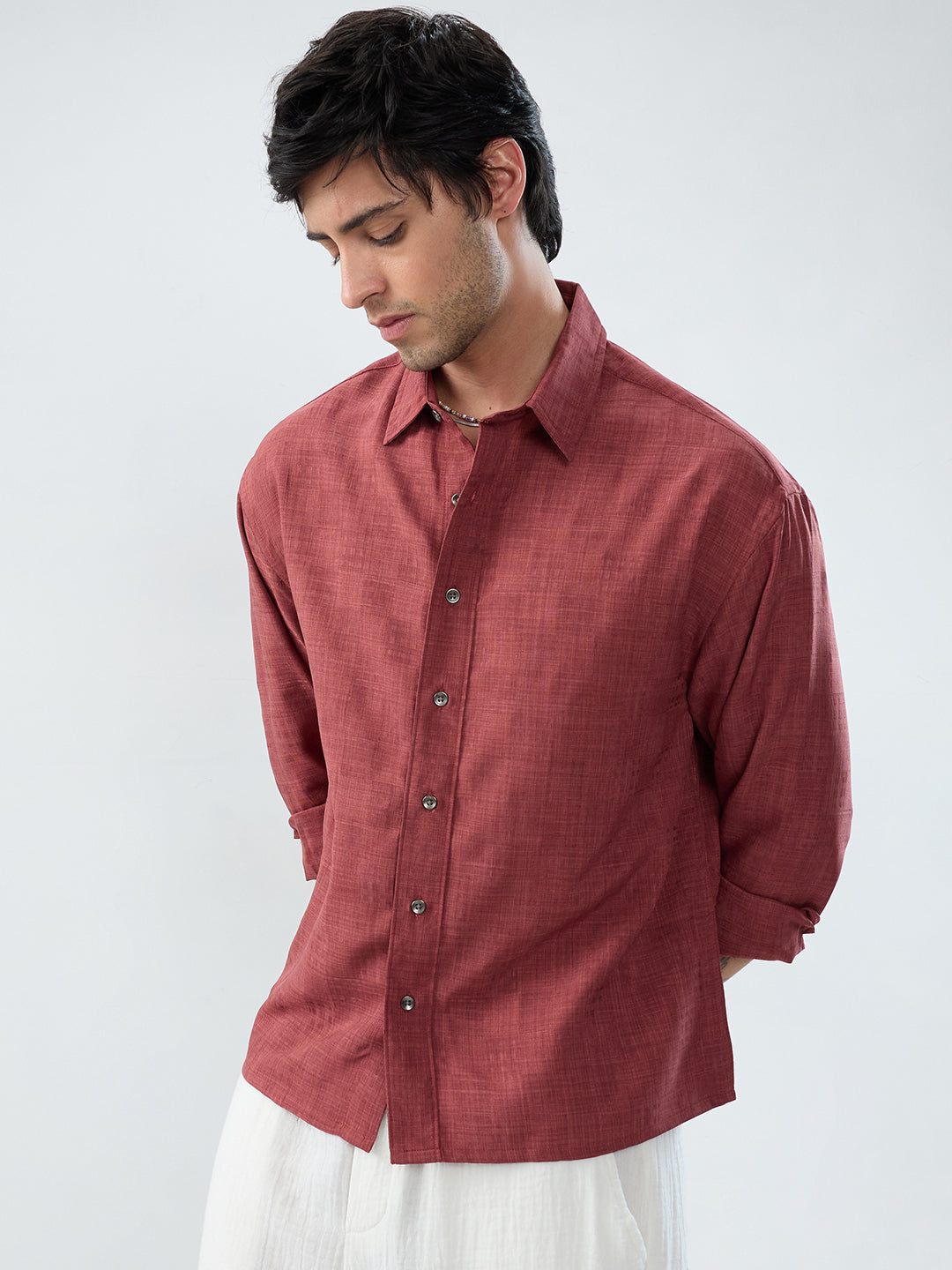 Vermillion Red Soft Grid Textured Boxy Fit Crop Shirt