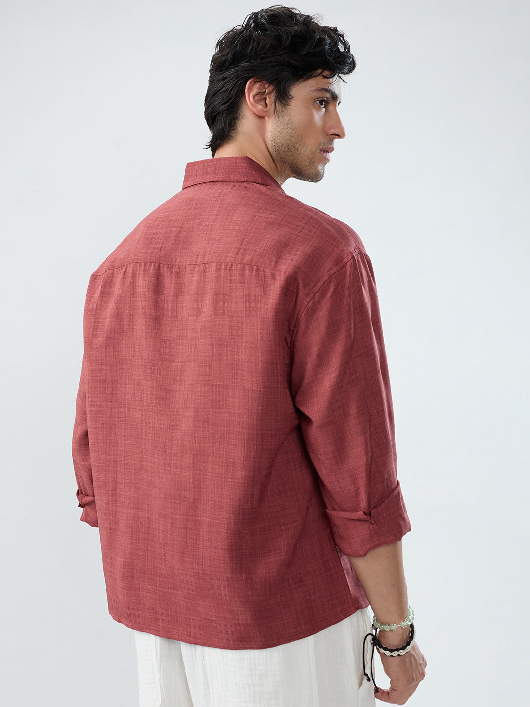 Vermillion Red Soft Grid Textured Boxy Fit Crop Shirt