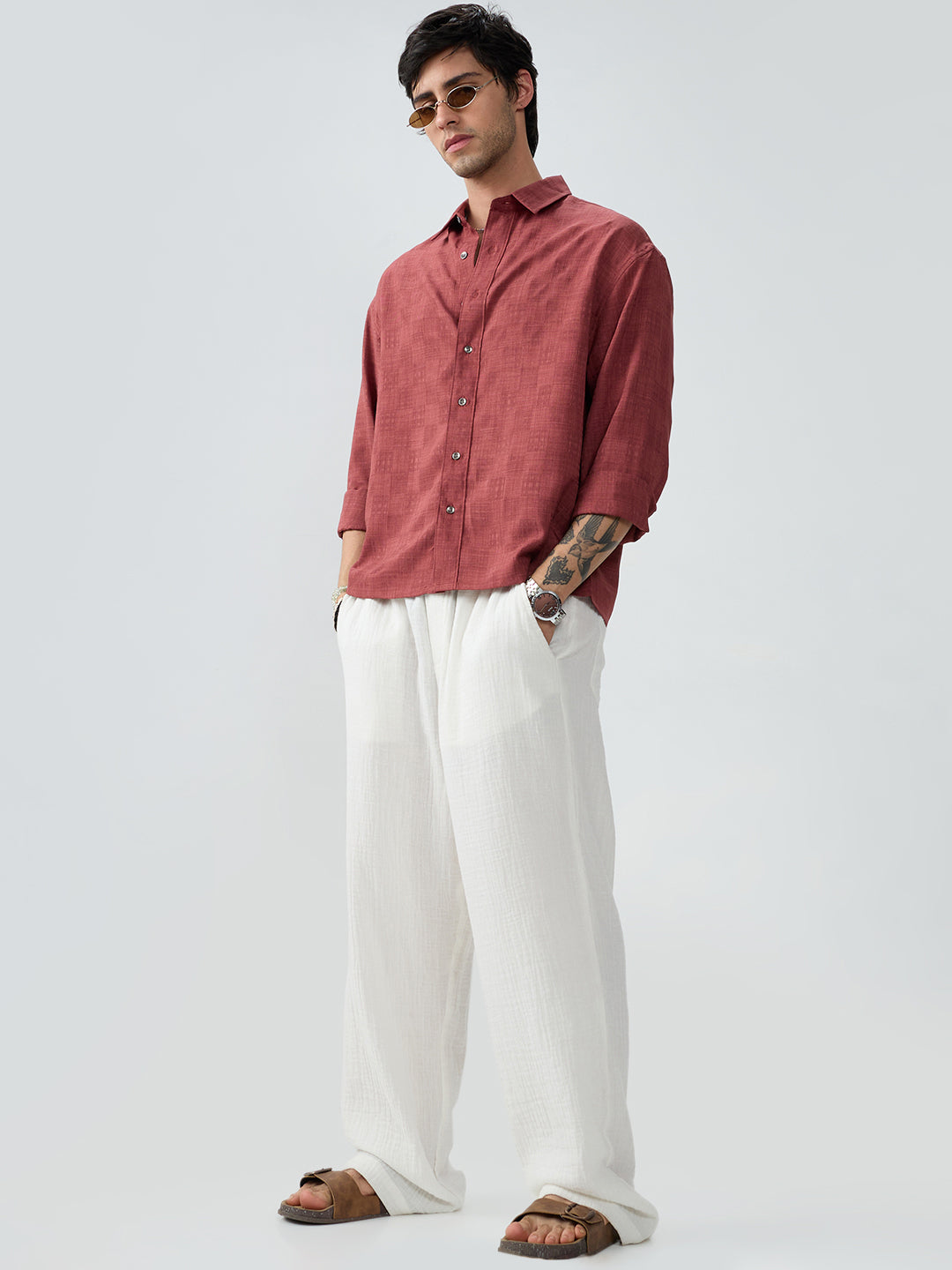 Vermillion Red Soft Grid Textured Boxy Fit Crop Shirt