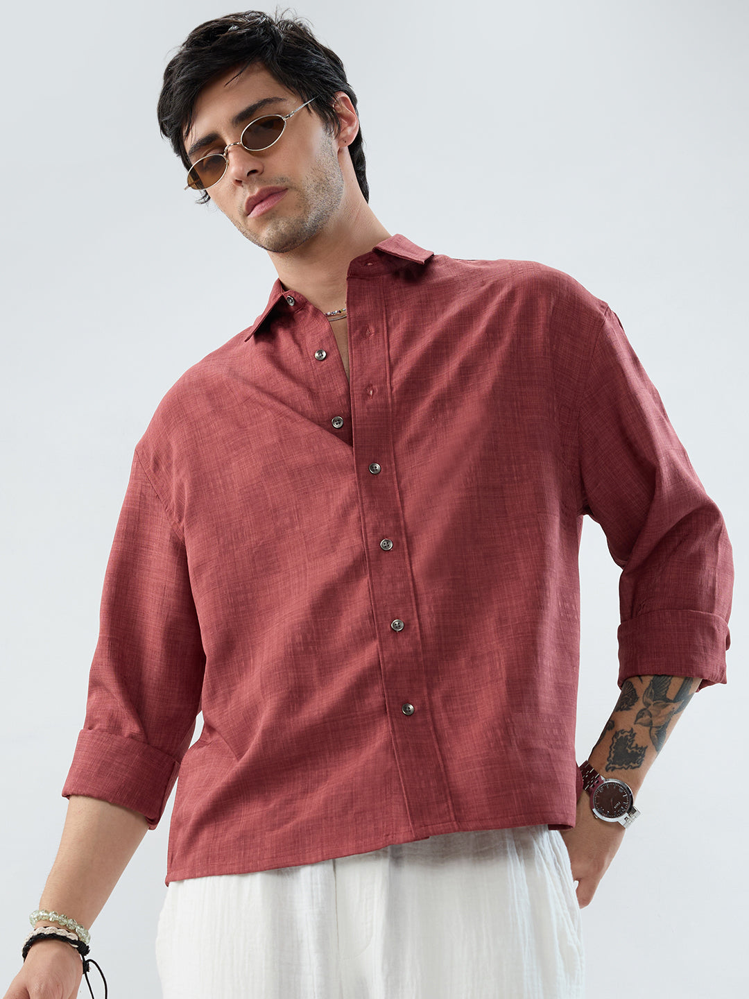 Vermillion Red Soft Grid Textured Boxy Fit Crop Shirt