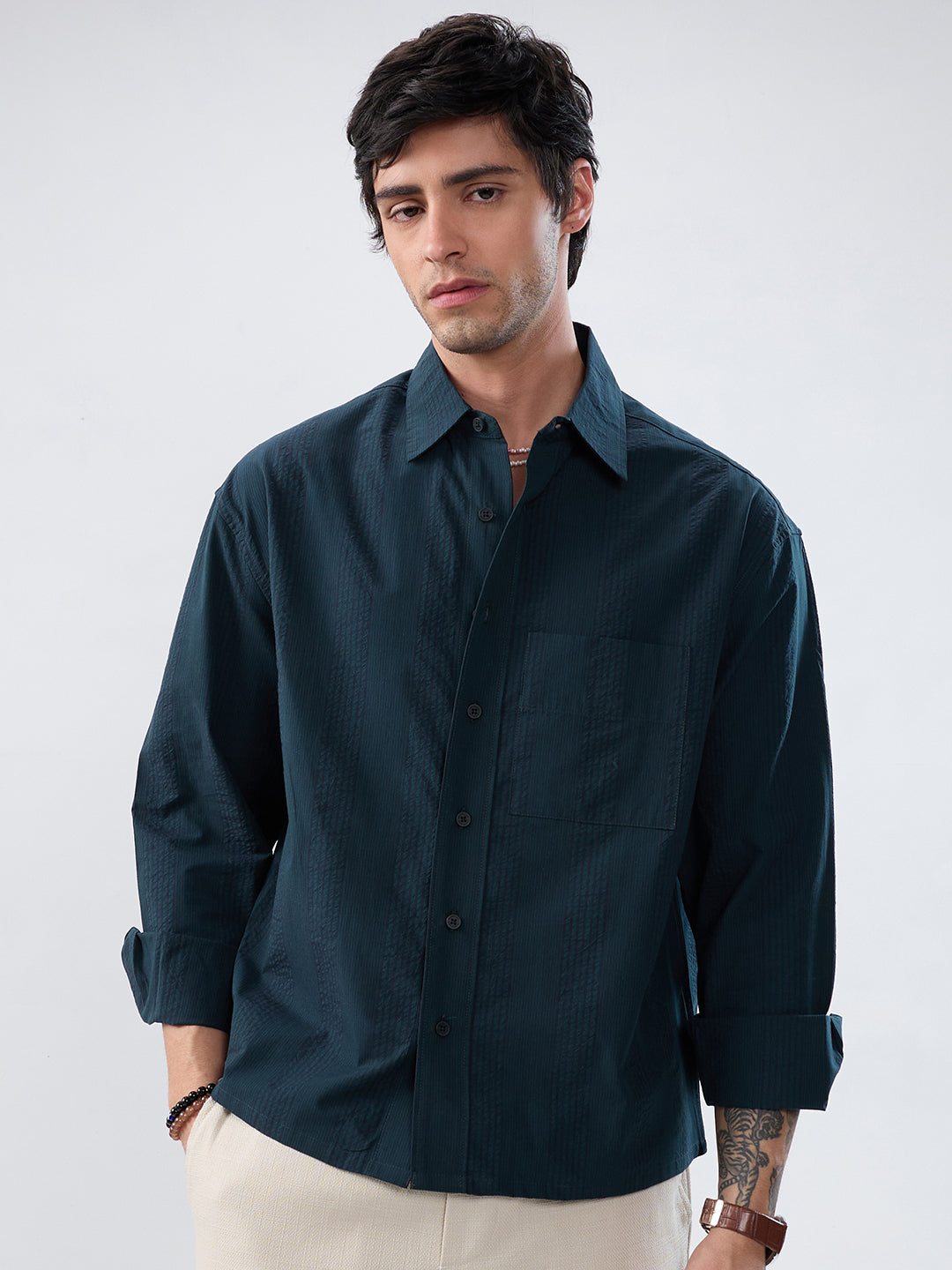 Luxe Dark Green Refined Striped Boxy Fit Crop Shirt