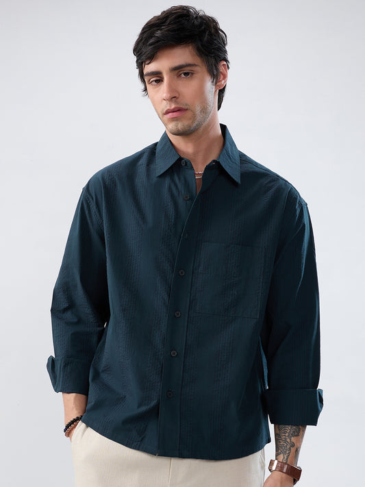 Luxe Dark Green Refined Striped Boxy Fit Crop Shirt