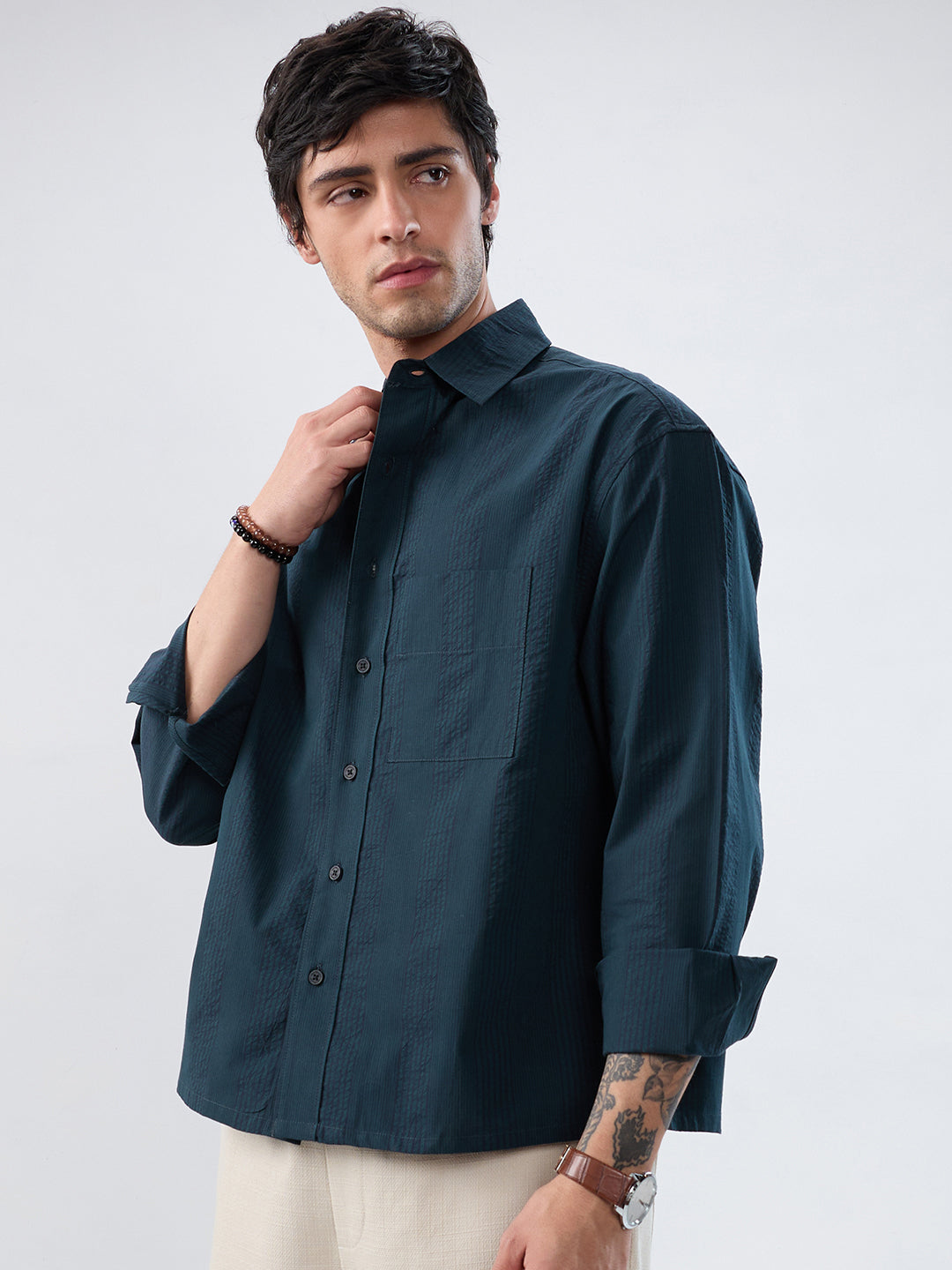 Luxe Dark Green Refined Striped Boxy Fit Crop Shirt