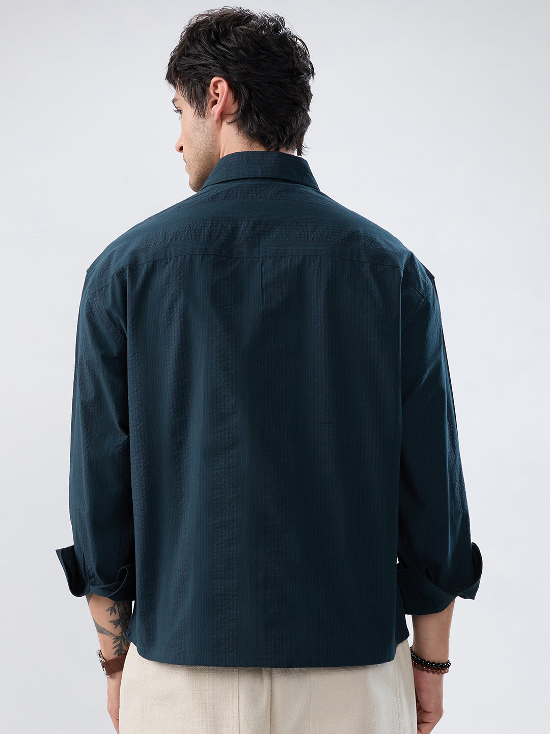 Luxe Dark Green Refined Striped Boxy Fit Crop Shirt