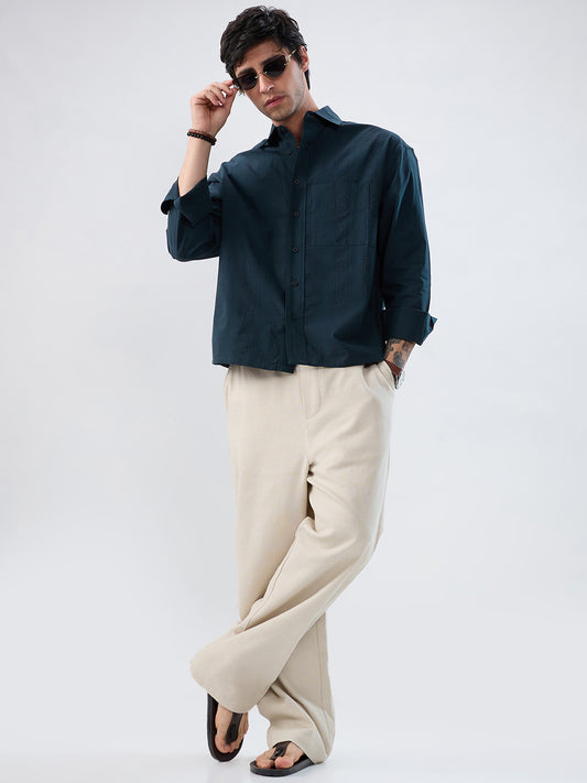 Luxe Dark Green Refined Striped Boxy Fit Crop Shirt