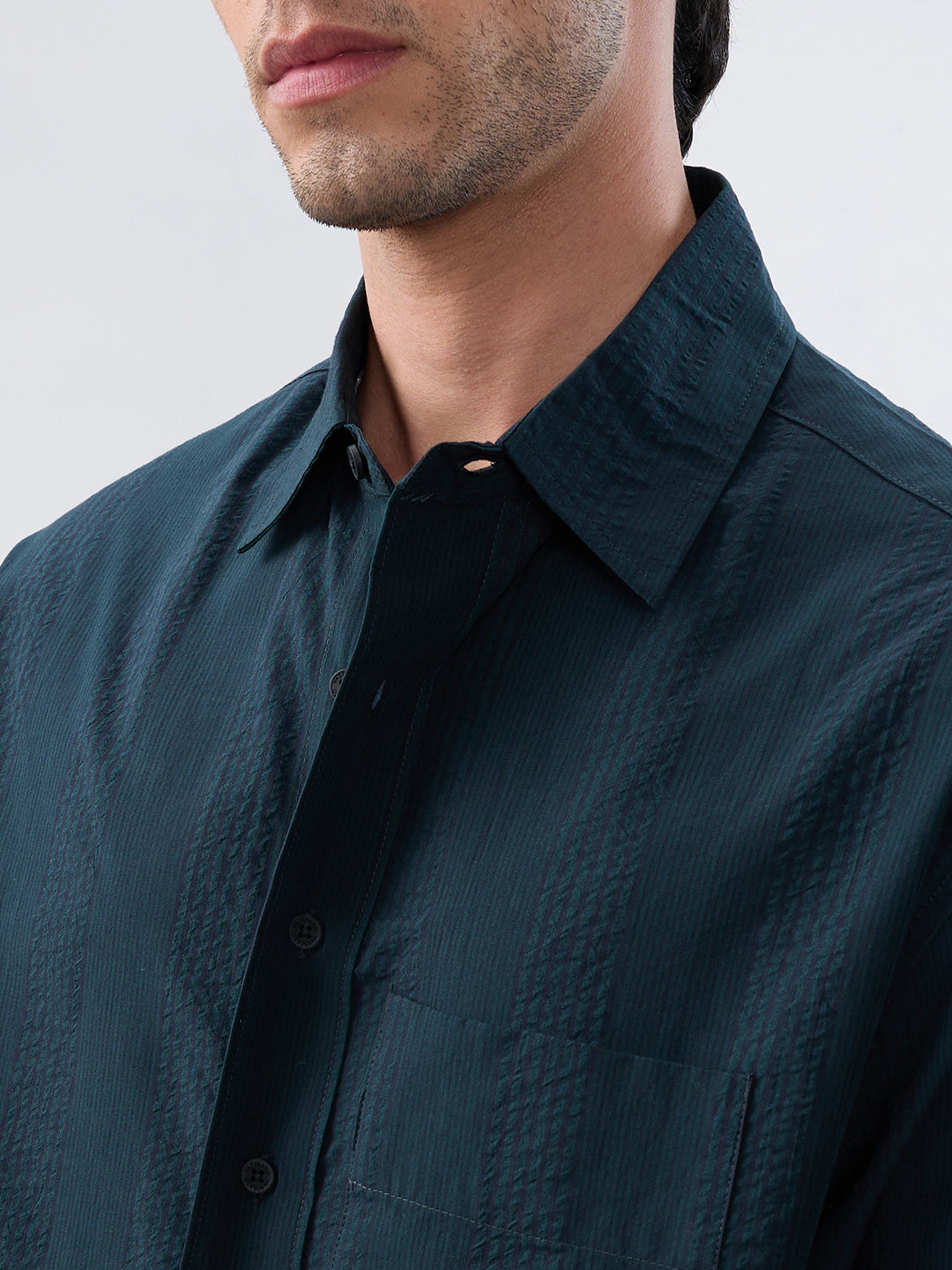 Luxe Dark Green Refined Striped Boxy Fit Crop Shirt