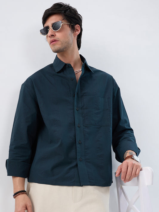 Luxe Dark Green Refined Striped Boxy Fit Crop Shirt