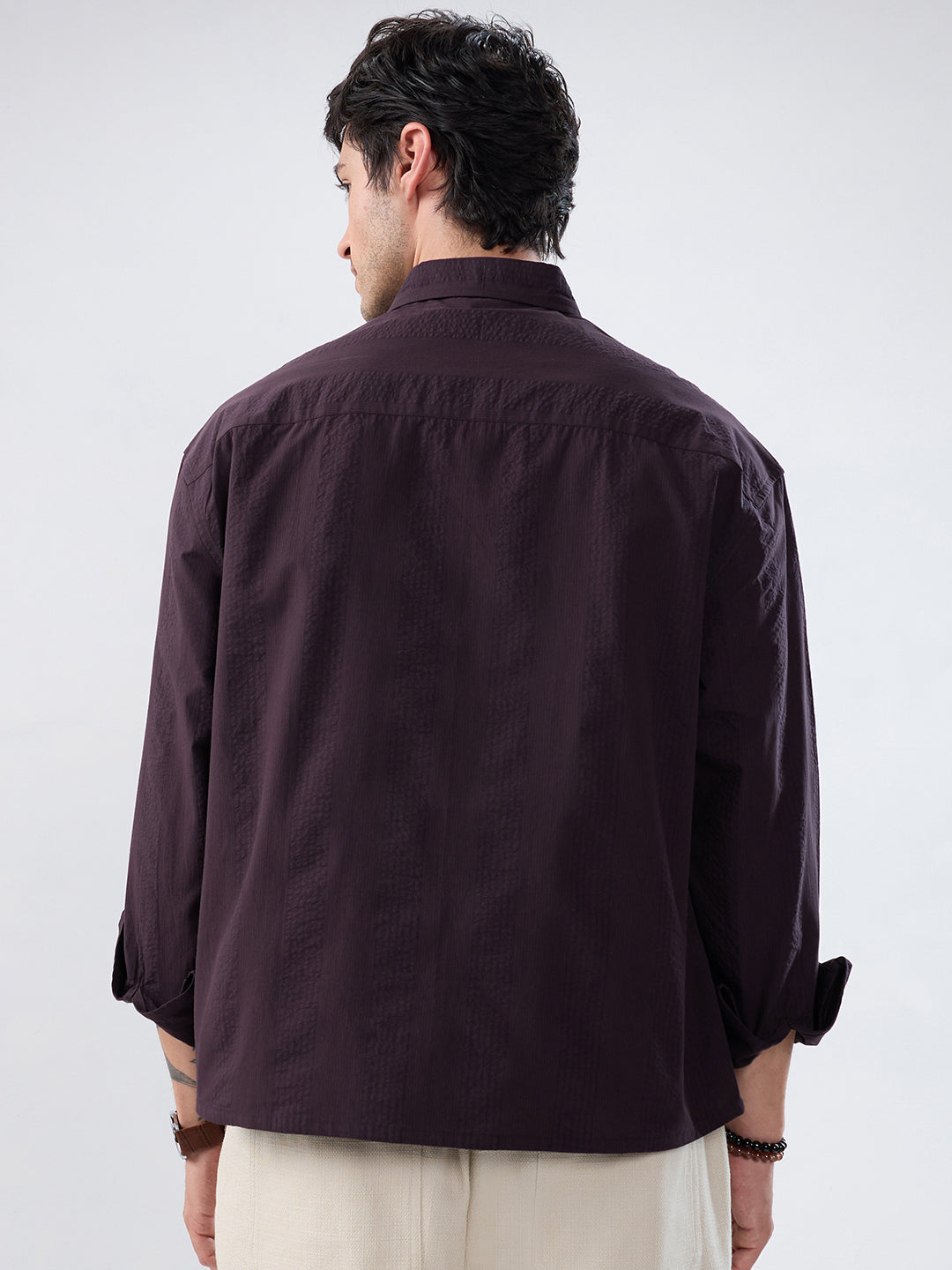 Luxe Walnut Brown Refined Striped Seersucker Boxy Fit Crop Shirt