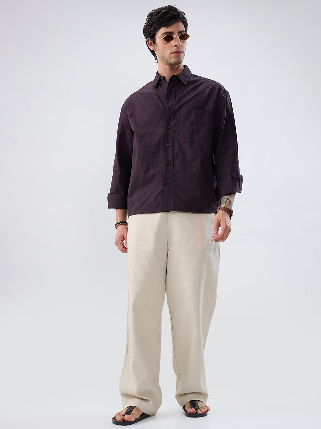 Luxe Walnut Brown Refined Striped Seersucker Boxy Fit Crop Shirt