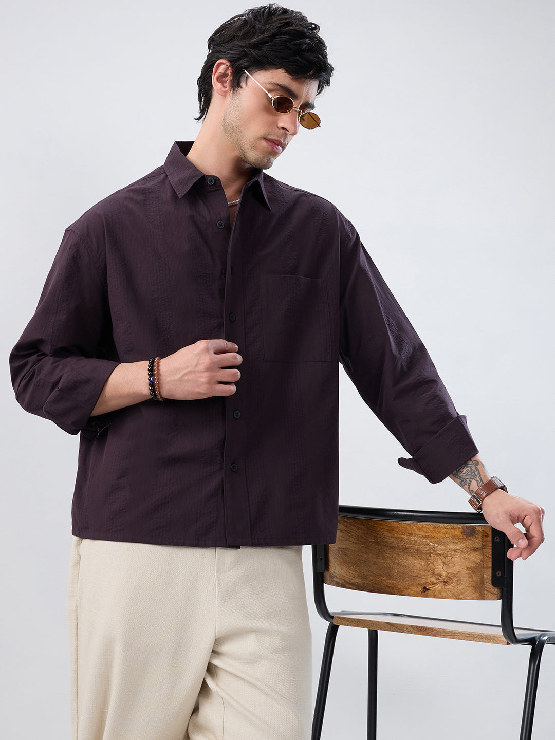 Luxe Walnut Brown Refined Striped Seersucker Boxy Fit Crop Shirt