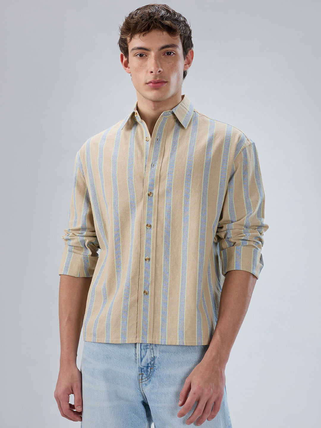 Tan & Navy Contrast Tape Striped Boxy Fit Crop Shirt