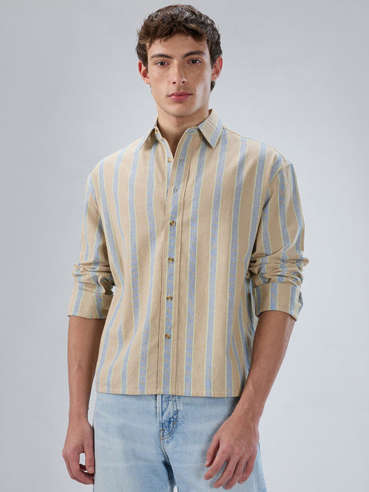 Tan & Navy Contrast Tape Striped Boxy Fit Crop Shirt