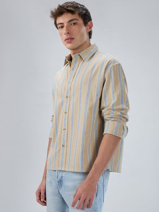 Tan & Navy Contrast Tape Striped Boxy Fit Crop Shirt