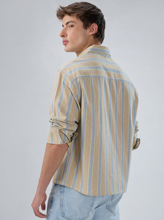 Tan & Navy Contrast Tape Striped Boxy Fit Crop Shirt