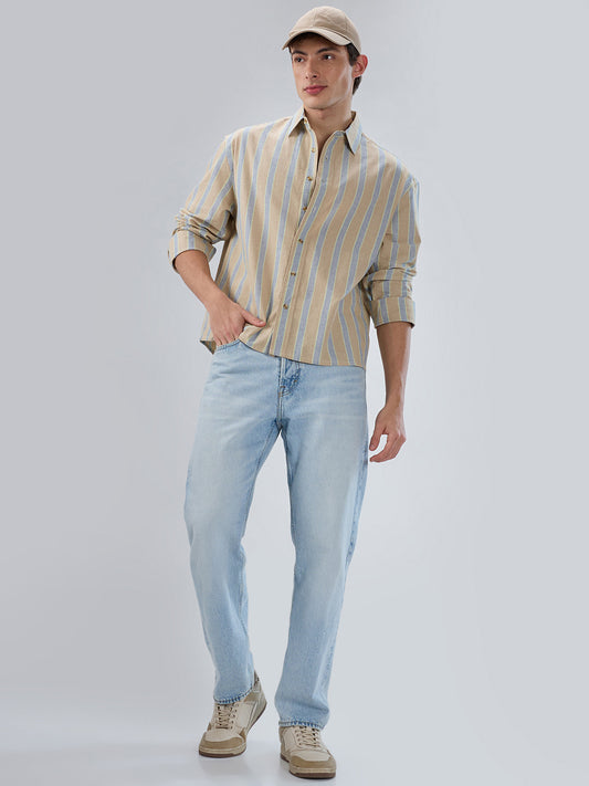 Tan & Navy Contrast Tape Striped Boxy Fit Crop Shirt