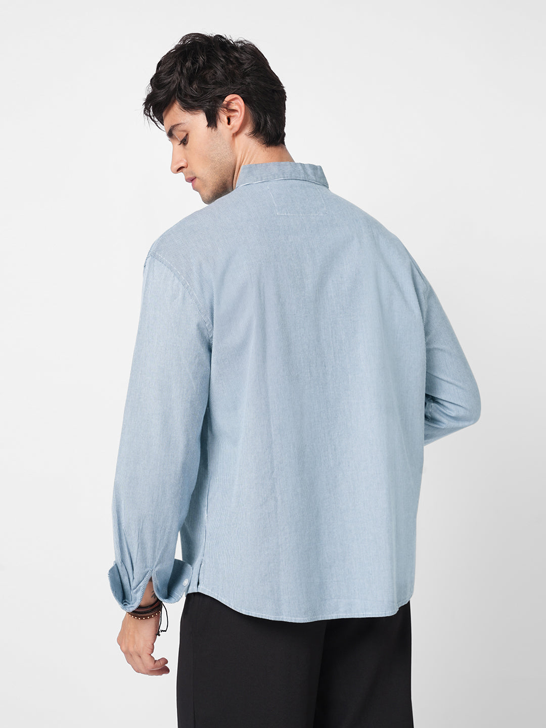 Navy & White Pinstripe Stand Collar Oversized Shirt