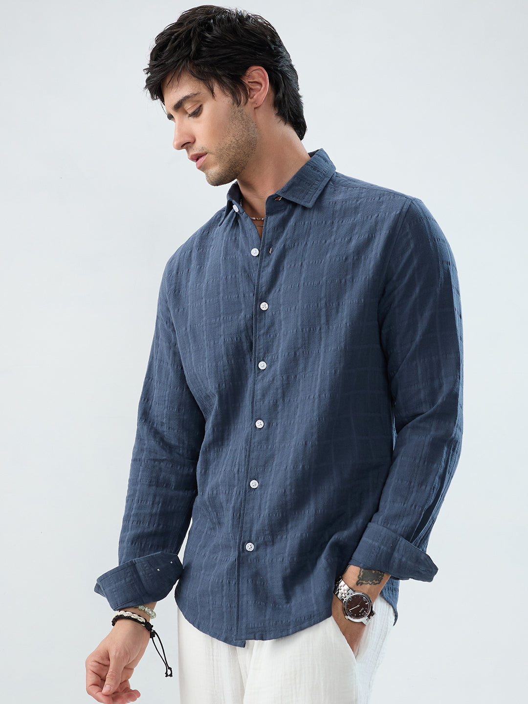 Spruce Blue Double Cloth Checks Shirt