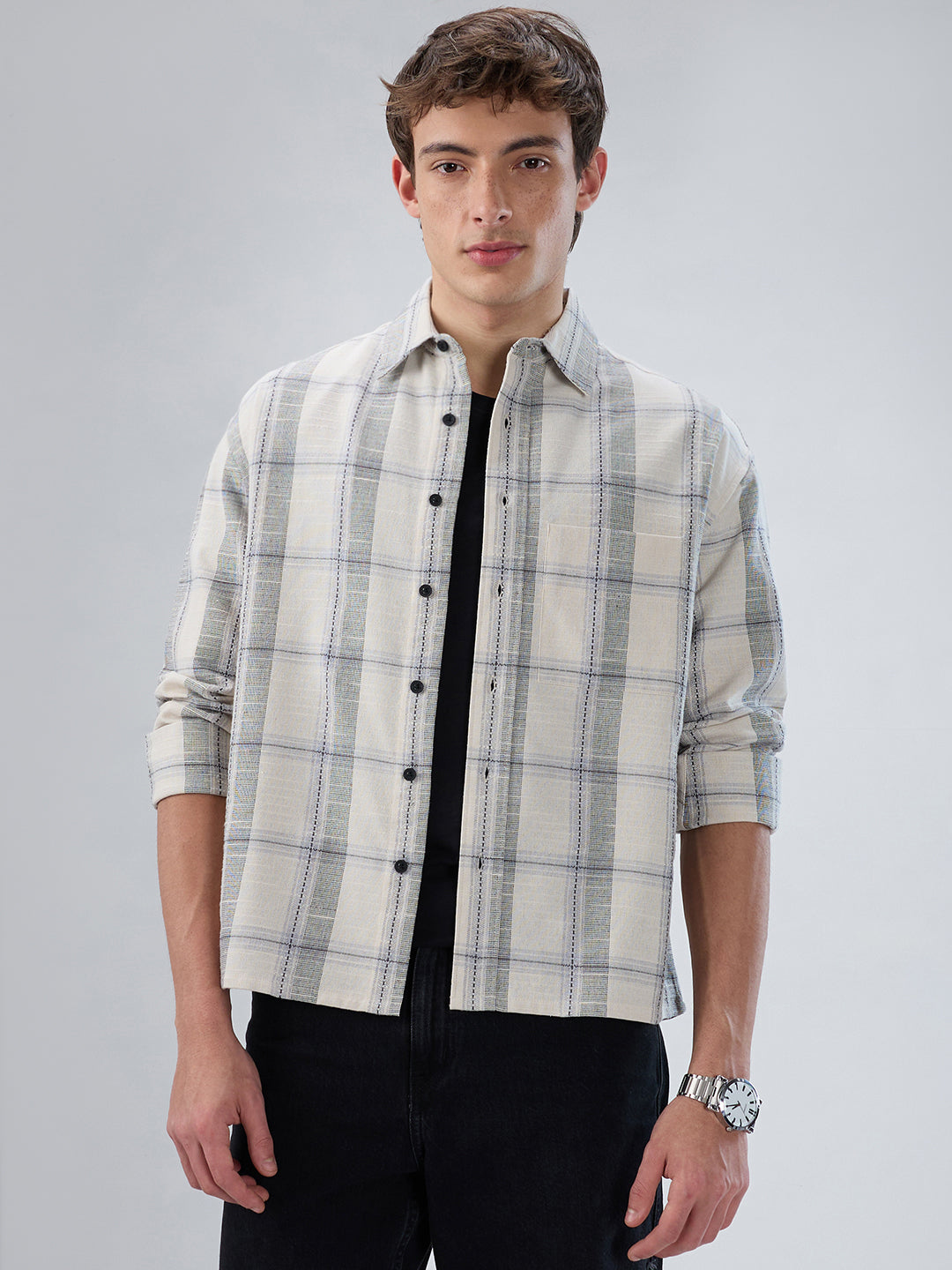 Off-White & Grey Jacquard Weave Checked Boxy Fit Crop Shirt