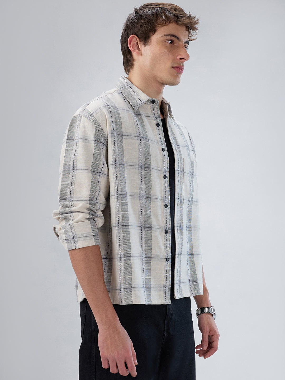 Off-White & Grey Jacquard Weave Checked Boxy Fit Crop Shirt