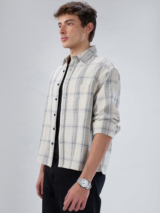 Off-White & Grey Jacquard Weave Checked Boxy Fit Crop Shirt