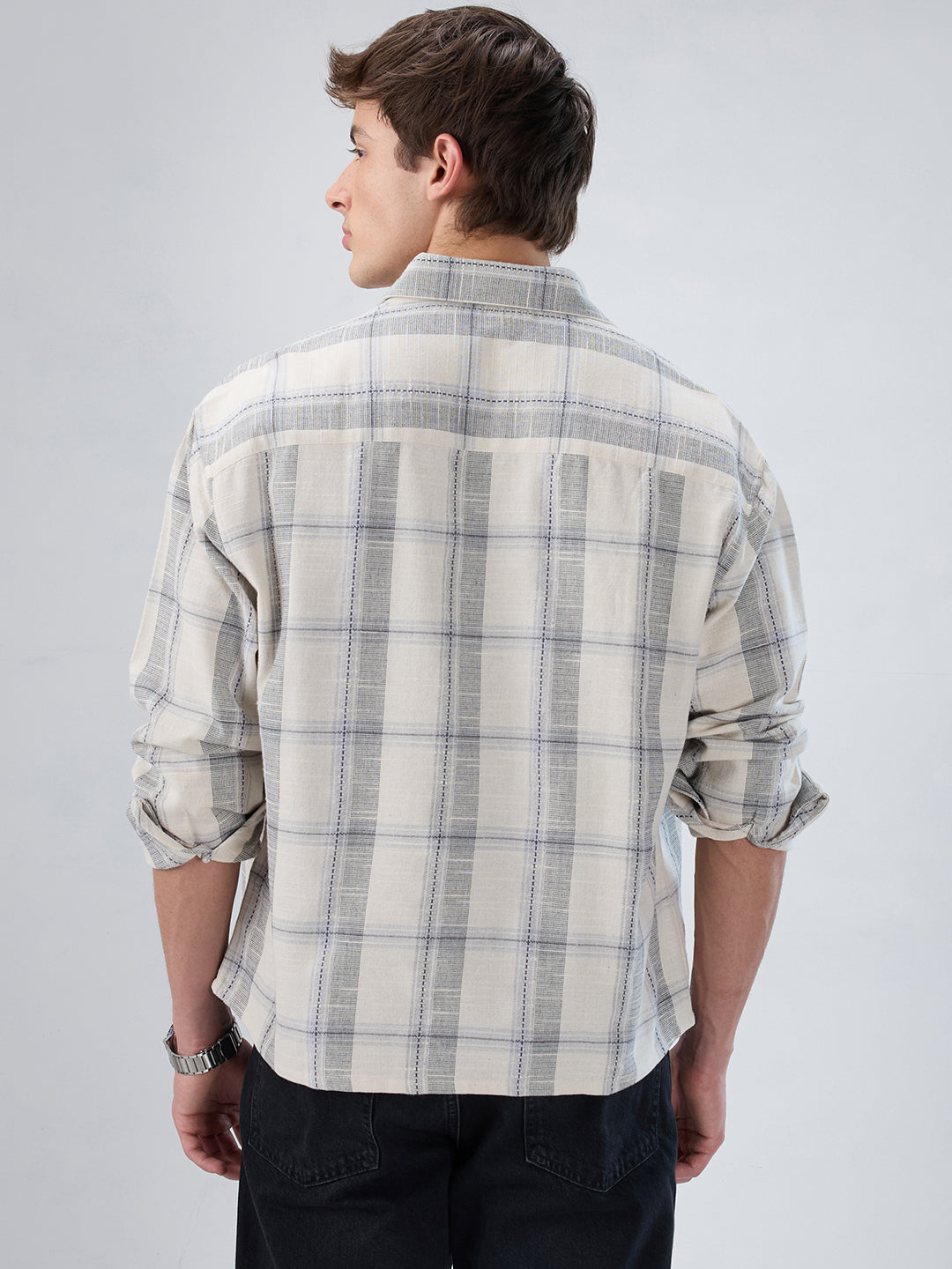 Off-White & Grey Jacquard Weave Checked Boxy Fit Crop Shirt