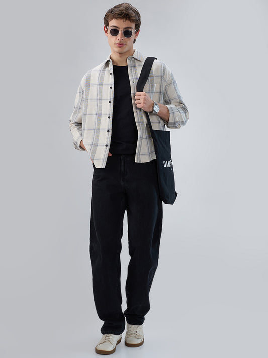 Off-White & Grey Jacquard Weave Checked Boxy Fit Crop Shirt
