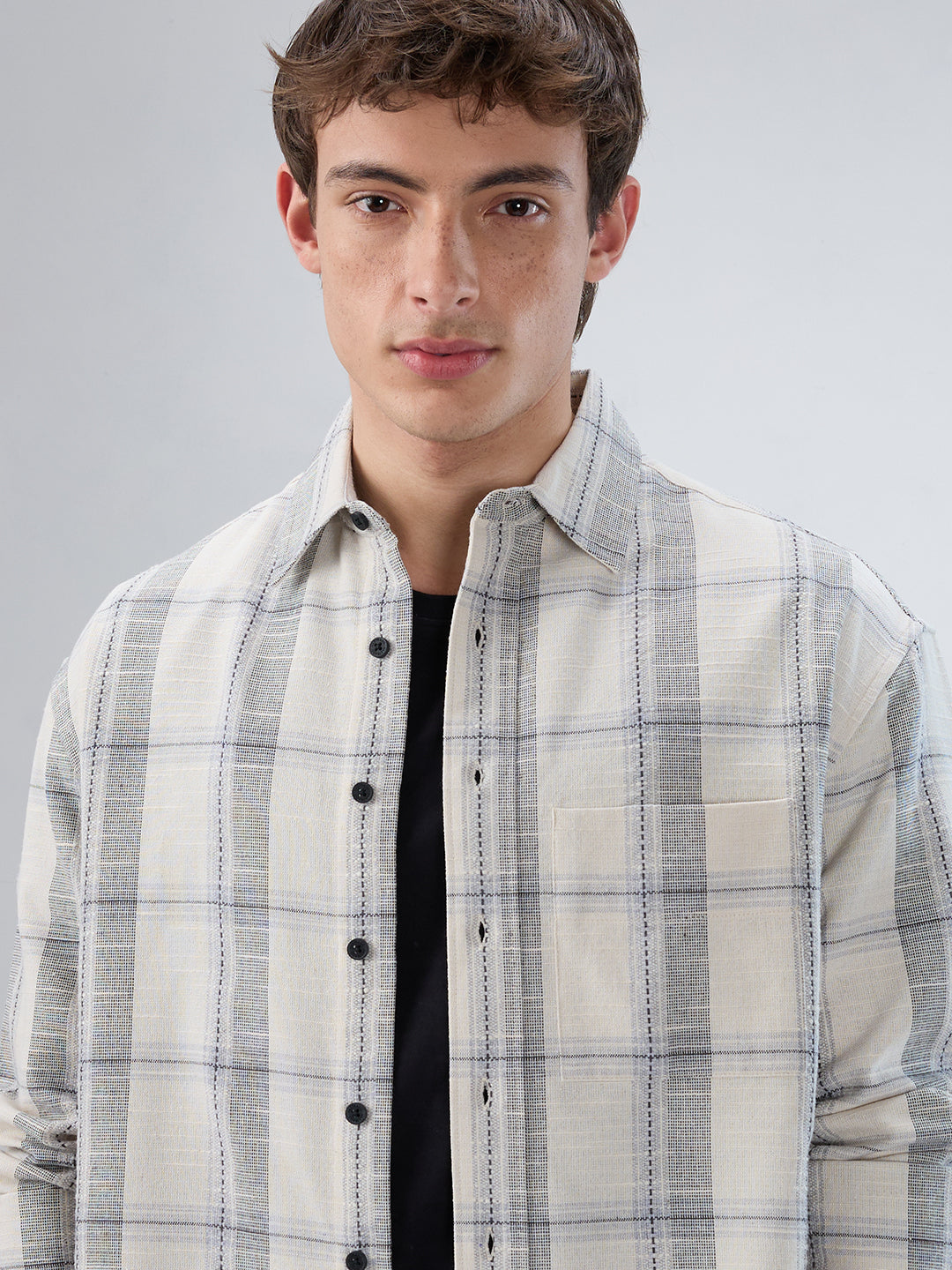 Off-White & Grey Jacquard Weave Checked Boxy Fit Crop Shirt