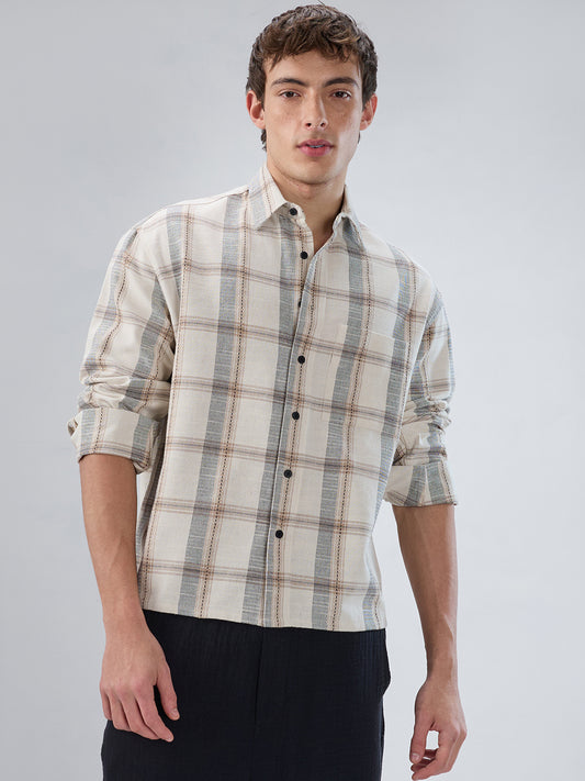 Ivory & Beige Windowpane Checks Boxy Fit Crop Shirt