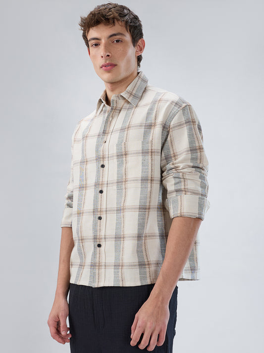 Ivory & Beige Windowpane Checks Boxy Fit Crop Shirt