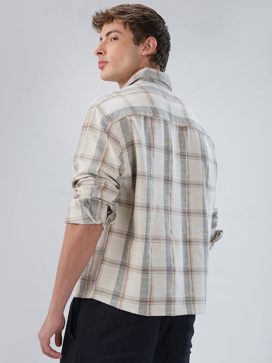 Ivory & Beige Windowpane Checks Boxy Fit Crop Shirt