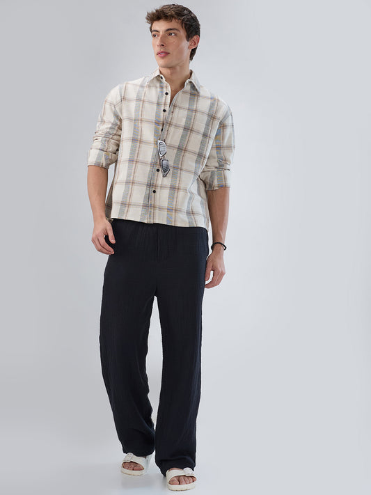 Ivory & Beige Windowpane Checks Boxy Fit Crop Shirt